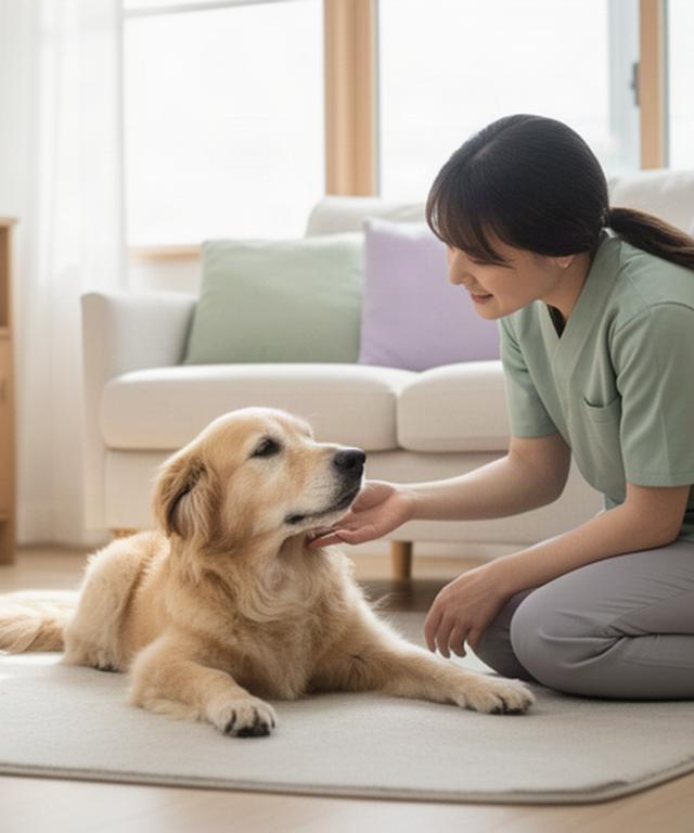 南小岩の明るい家庭空間でスタッフと穏やかに過ごす犬