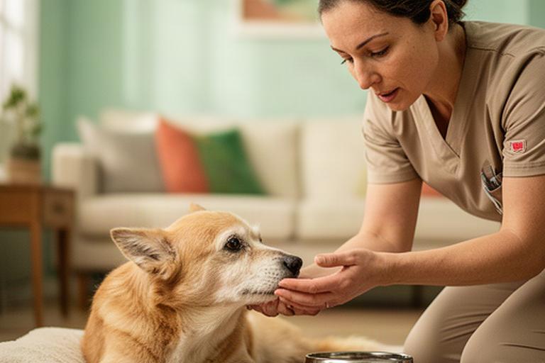 スタッフが落ち着いた室内で犬の体調と水分を確認している様子