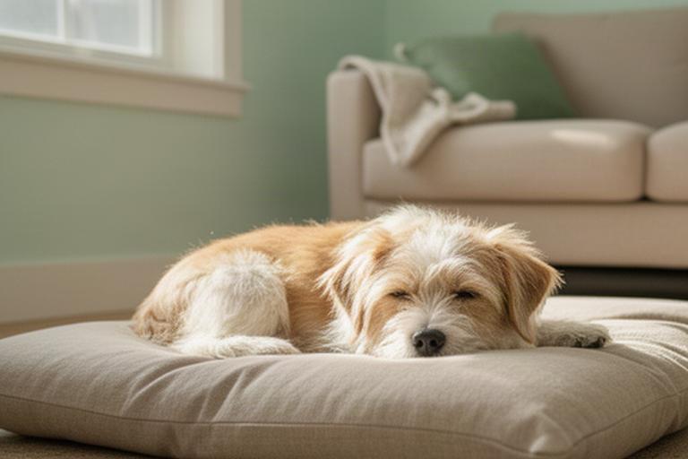 日当たりのよいリビングで犬がクッションの上で休んでいる様子