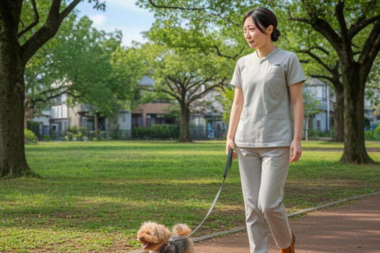 南小岩の近隣公園をスタッフと歩く犬の散歩風景