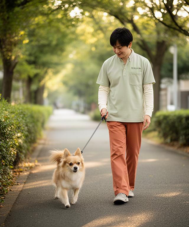 南小岩の緑道をスタッフと歩く小型犬の散歩風景