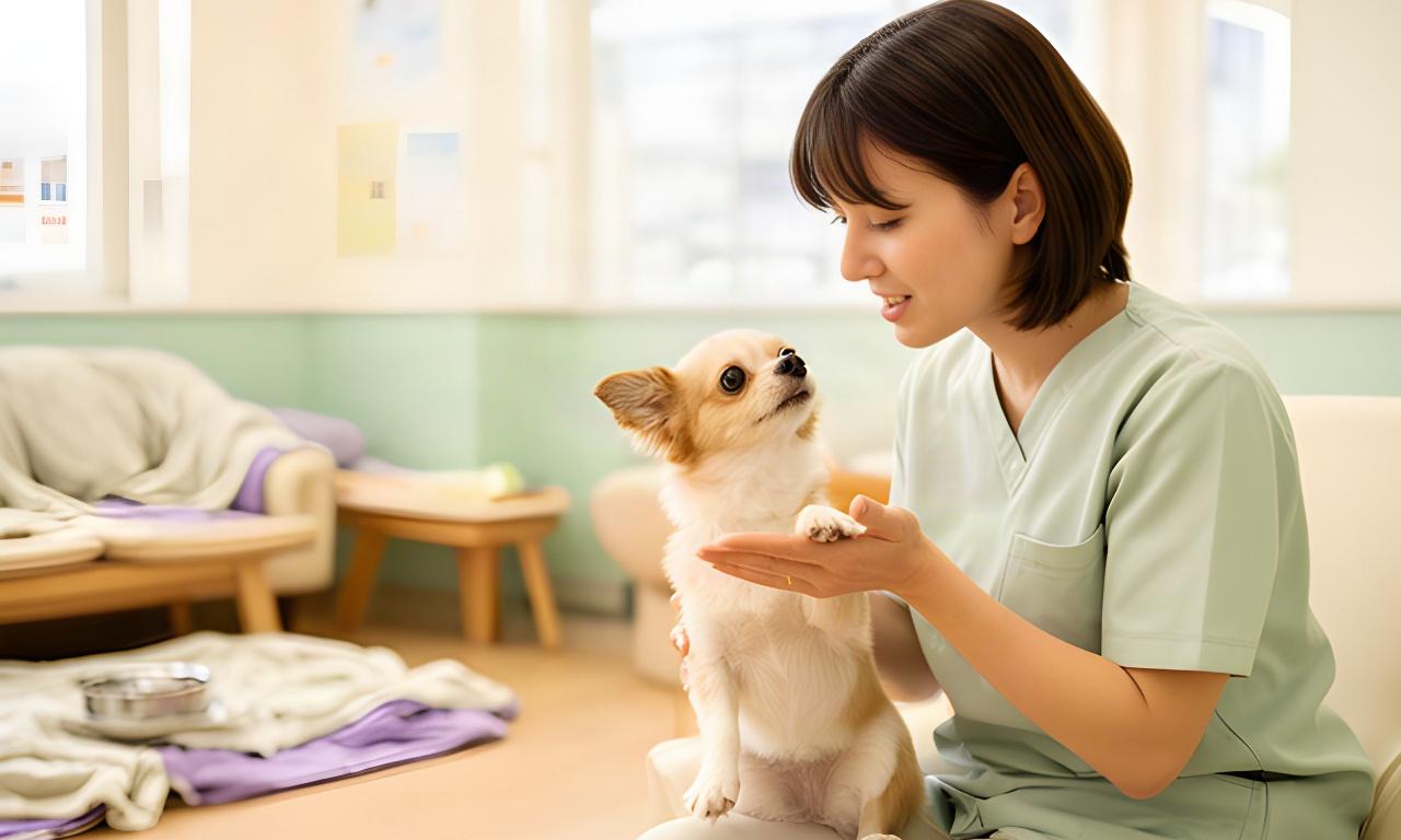 南小岩の明るい室内でスタッフが小型犬に優しく声をかけている様子