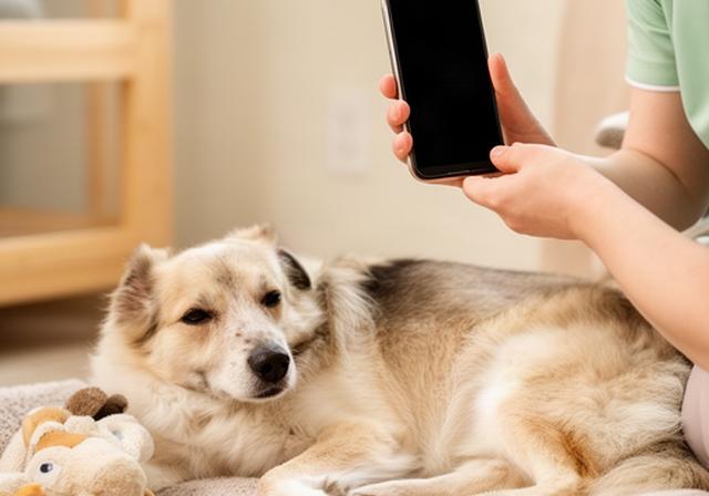 室内でくつろぐ犬の様子をスマートフォンで撮影するスタッフ