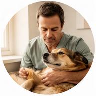 穏やかな表情の犬の毛並みを確認するトリマー経験者の光浩