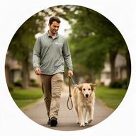 保護犬と屋外で穏やかに歩くスタッフの石橋