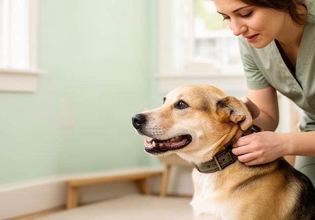 明るい室内でスタッフが犬の首輪を確認している預かり前の様子
